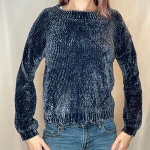 Women's Dusty Blue Chenille Sweater Small Cozy Scalloped Hem Small